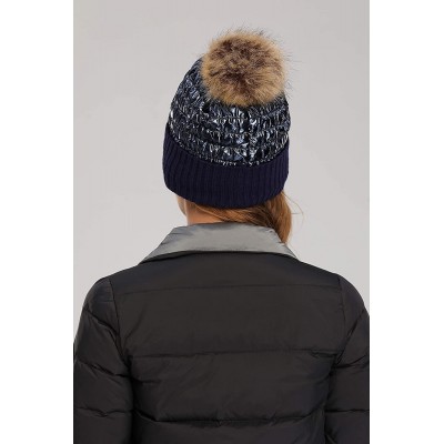 Skullies & Beanies Winter Knit Hats for Women Thick Pom Pom Metallic Shiny Beanies Ski Cap - Navy Blue - CO18ACHD966 $10.84