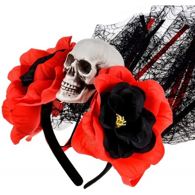 Headbands Day of The Dead Headband Costume Rose Flower Crown Mexican Headpiece BC40 - Black Red Ribbon - CA18XAYX2DA $11.25