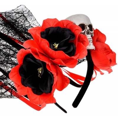 Headbands Day of The Dead Headband Costume Rose Flower Crown Mexican Headpiece BC40 - Black Red Ribbon - CA18XAYX2DA $11.25