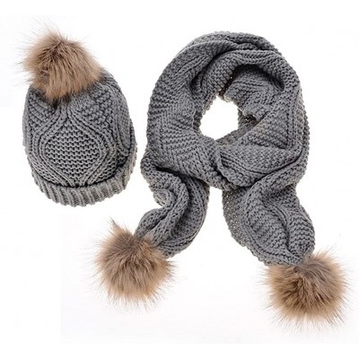 Skullies & Beanies Fashion Women's Warm Crochet Knitted Beanie Hat and Scarf Set with Fur Poms - 4 Gray - CP18M3GUTNI $39.55