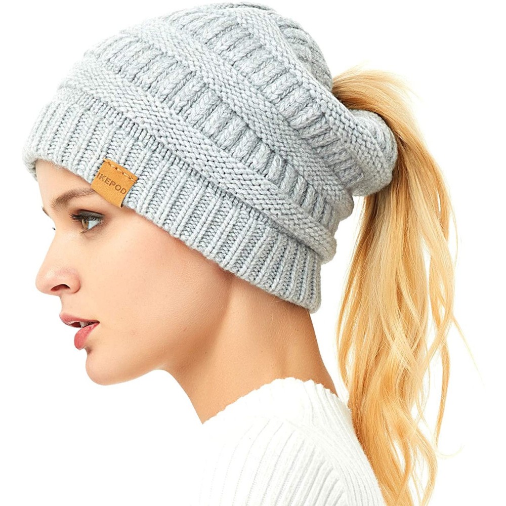 Skullies & Beanies Merino Wool Knitted Bun Beanie - Women Hat Cap with Cute Pony Tail Hole - Pony Tail Hole (Gray) - C718IHAC...