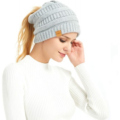 Skullies & Beanies Merino Wool Knitted Bun Beanie - Women Hat Cap with Cute Pony Tail Hole - Pony Tail Hole (Gray) - C718IHAC...