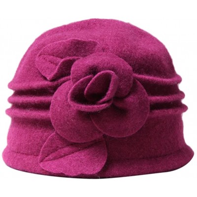 Berets Women 100% Wool Solid Color Round Top Cloche Beret Cap Flower Fedora Hat - 4 Fuschia - CJ186WY948I $36.98