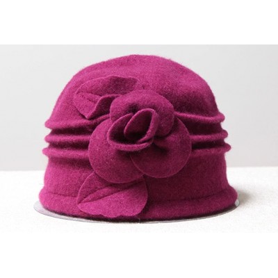 Berets Women 100% Wool Solid Color Round Top Cloche Beret Cap Flower Fedora Hat - 4 Fuschia - CJ186WY948I $13.87