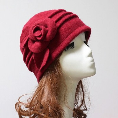 Berets Women 100% Wool Solid Color Round Top Cloche Beret Cap Flower Fedora Hat - 4 Fuschia - CJ186WY948I $13.87