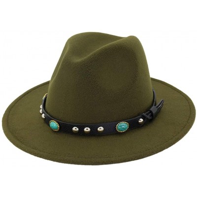 Fedoras Adult Wool Panama Hats Wide Brim Jazz Fedora Caps Turquoise Leather Band - Army Green - CJ18H9XHI2U $17.07