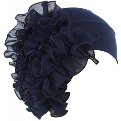 Skullies & Beanies Women Flower Solid Ruffle Cancer Chemo Elegant Hat Beanie Turban African Head Scarf Wrap Cap - Navy - CP18...