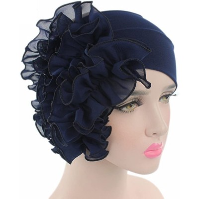 Skullies & Beanies Women Flower Solid Ruffle Cancer Chemo Elegant Hat Beanie Turban African Head Scarf Wrap Cap - Navy - CP18...