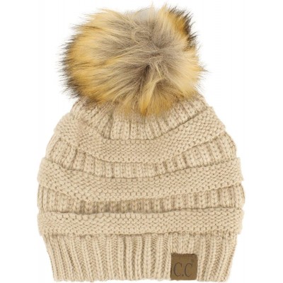Skullies & Beanies Fur Pom Winter Fall Trendy Chunky Stretchy Cable Knit Beanie Hat - Solid Beige - CR18YAMZGH3 $13.68