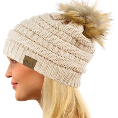 Skullies & Beanies Fur Pom Winter Fall Trendy Chunky Stretchy Cable Knit Beanie Hat - Solid Beige - CR18YAMZGH3 $13.68