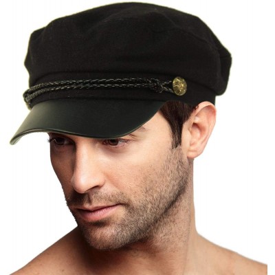 Newsboy Caps Men's Wool Faux Leather Greek Fisherman Sailor Fiddler Driver Hat Flat Cap - Black/Black - C318LIC7LED $12.77