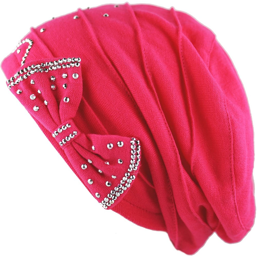 Skullies & Beanies Women's Handmade Warm Baggy Fleece Lined Slouch Beanie Hat - 2. Ribbon2 - Hot Pink - CN18ZN4SZ4E $25.56