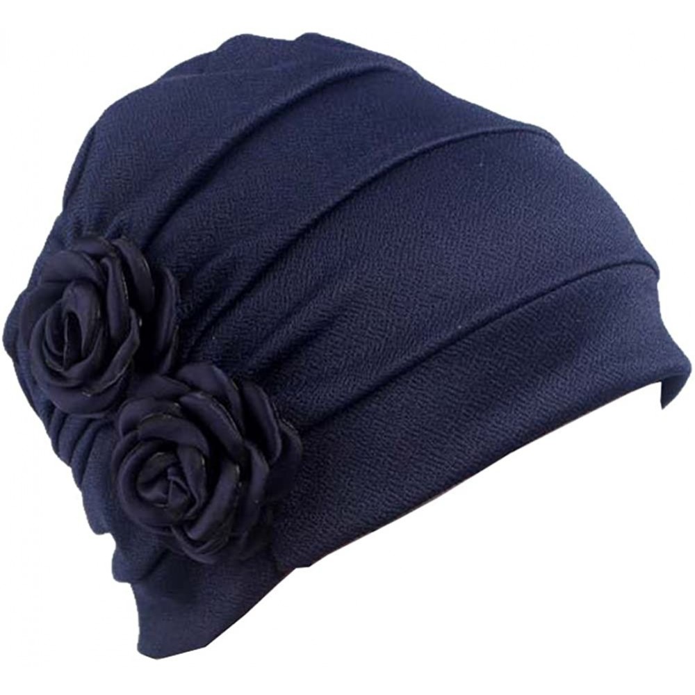 Skullies & Beanies Women's Chemo Hat Ruffle Turban Headband for Cancer Patients - Navy - C318DORZX3M $9.82