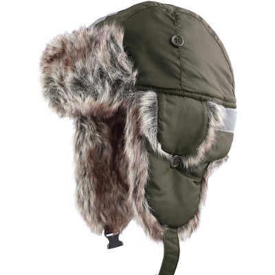 Bomber Hats Safety Reflective Faux Fur Aviator Kids Adult Trapper Hat Snow Ski Trooper Winter Cap - Olive - CO18K2U7D42 $17.01