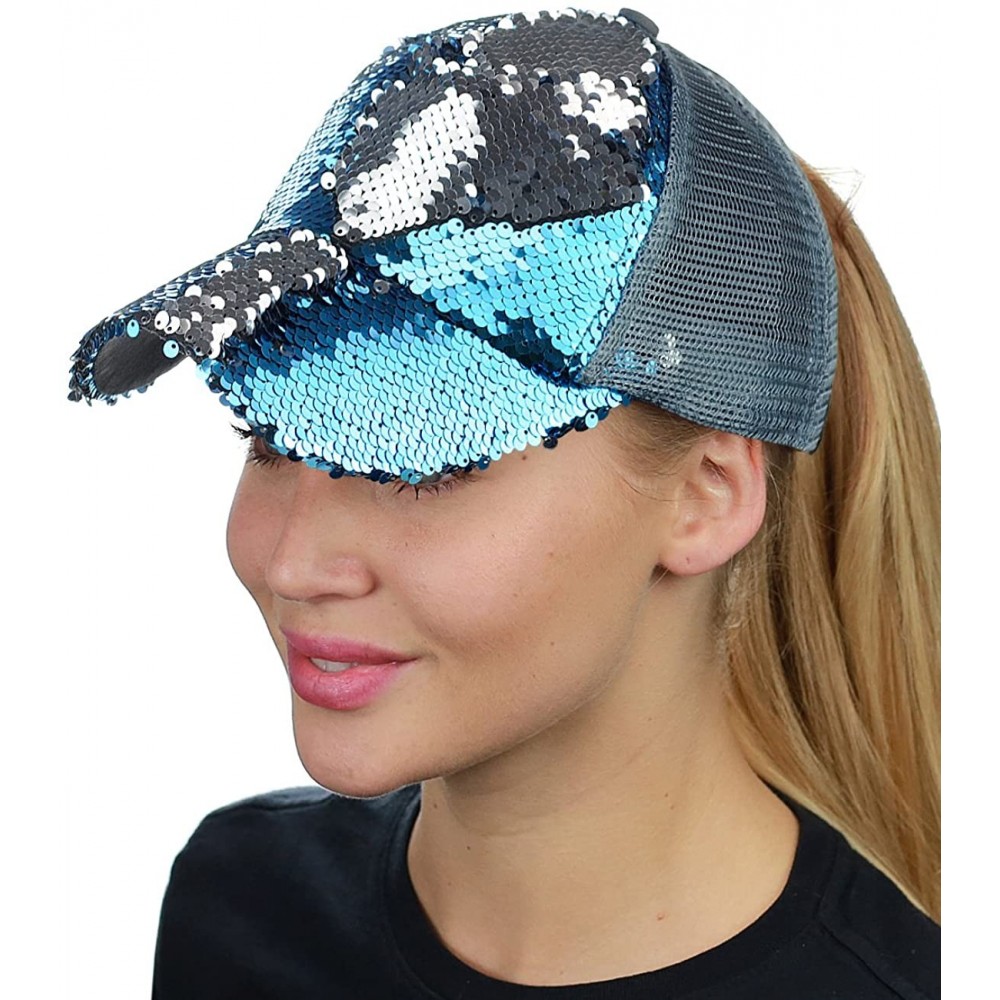 Baseball Caps Ponycap Messy Bun Ponytail Reversible Magic Sequin Adjustable Baseball Cap- Teal/Silver - CQ18CIZHKDR $21.76