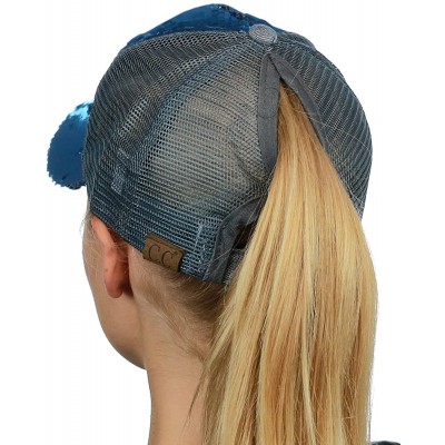 Baseball Caps Ponycap Messy Bun Ponytail Reversible Magic Sequin Adjustable Baseball Cap- Teal/Silver - CQ18CIZHKDR $21.76