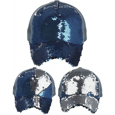 Baseball Caps Ponycap Messy Bun Ponytail Reversible Magic Sequin Adjustable Baseball Cap- Teal/Silver - CQ18CIZHKDR $21.76