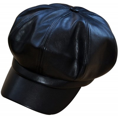Berets Women Fuax Leather Winter Beret Beanie Hat Unisex Artist Vintage Newsboy Cabbie Cap - Black - CD188U298NK $20.72