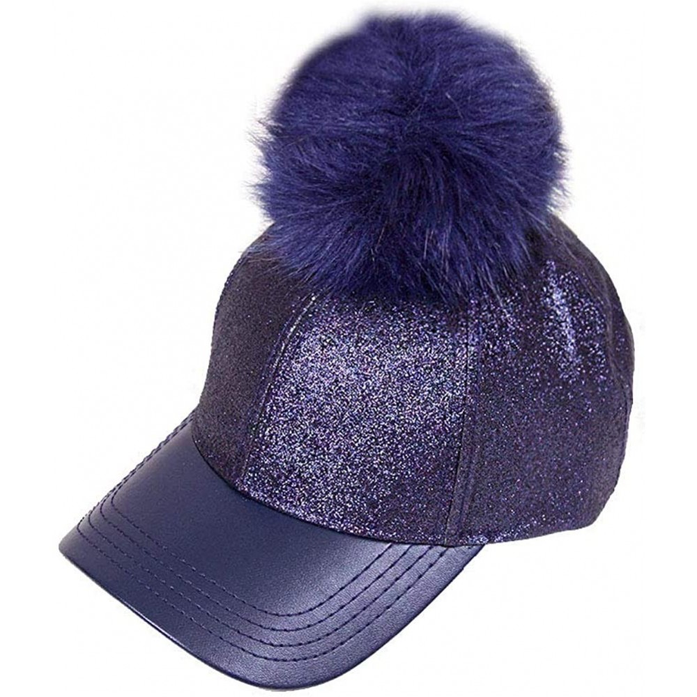 Baseball Caps Glitter Removable Fur Pom Pom Baseball Cap - Navy - CP12LHL358L $15.40