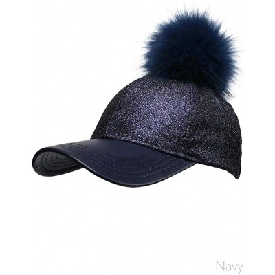 Baseball Caps Glitter Removable Fur Pom Pom Baseball Cap - Navy - CP12LHL358L $15.40