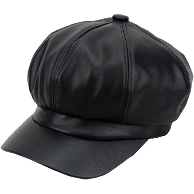 Berets Women Fuax Leather Winter Beret Beanie Hat Unisex Artist Vintage Newsboy Cabbie Cap - Black - CD188U298NK $9.62