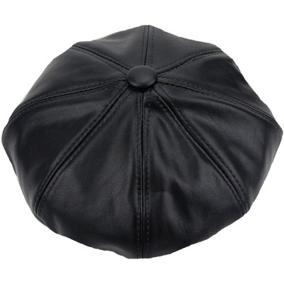 Berets Women Fuax Leather Winter Beret Beanie Hat Unisex Artist Vintage Newsboy Cabbie Cap - Black - CD188U298NK $9.62