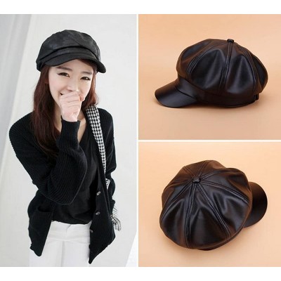 Berets Women Fuax Leather Winter Beret Beanie Hat Unisex Artist Vintage Newsboy Cabbie Cap - Black - CD188U298NK $9.62