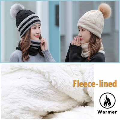 Skullies & Beanies 2 Pcs Beanie Hat Scarf Set for Women Winter Warm Fleece Lined Knitted Hat Earflap Ski Hat with Pompom - Kh...