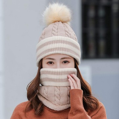 Skullies & Beanies 2 Pcs Beanie Hat Scarf Set for Women Winter Warm Fleece Lined Knitted Hat Earflap Ski Hat with Pompom - Kh...