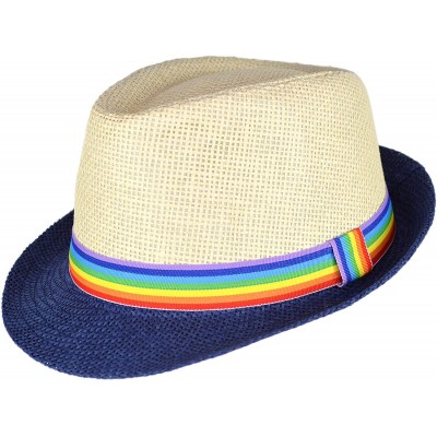 Fedoras Super Cute Natural Paper Straw Fedora Hat with Rainbow Ribbon Hatband - Natural and Navy - CF18SI0OYRM $22.31