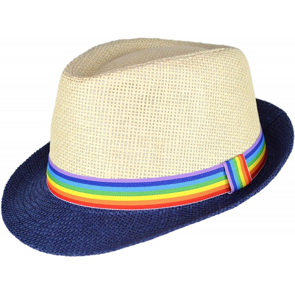 Fedoras Super Cute Natural Paper Straw Fedora Hat with Rainbow Ribbon Hatband - Natural and Navy - CF18SI0OYRM $22.31