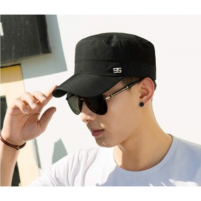 Sun Hats Men's Cool Summer Buckle Hat Peaked Flat Top Army Military Corps Baseball Cap - Black - CX18RY2SZSL $14.80