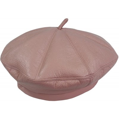 Berets Women Faux Leather Beanie Beret Cap Vintage Military Soldier Army French Hat-22-22.8" - Pink - C018GELA407 $15.65