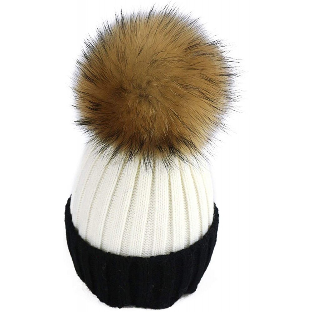 Skullies & Beanies Women Cable Knit Beanie Raccoon Fur Fuzzy Pompom Chunky Winter Stretch Skull Cap Cuff Hat - 36white&black ...