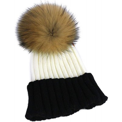 Skullies & Beanies Women Cable Knit Beanie Raccoon Fur Fuzzy Pompom Chunky Winter Stretch Skull Cap Cuff Hat - 36white&black ...