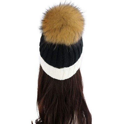 Skullies & Beanies Women Cable Knit Beanie Raccoon Fur Fuzzy Pompom Chunky Winter Stretch Skull Cap Cuff Hat - 36white&black ...