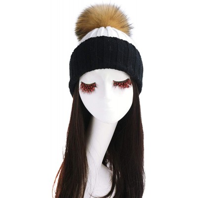 Skullies & Beanies Women Cable Knit Beanie Raccoon Fur Fuzzy Pompom Chunky Winter Stretch Skull Cap Cuff Hat - 36white&black ...
