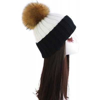 Skullies & Beanies Women Cable Knit Beanie Raccoon Fur Fuzzy Pompom Chunky Winter Stretch Skull Cap Cuff Hat - 36white&black ...