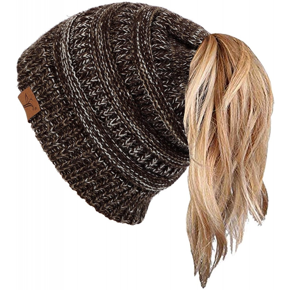 Skullies & Beanies Ponytail Messy Bun Beanie Tail Knit Hole Soft Stretch Cable Winter Hat for Women - 3 Tone Coffee - C618X2I...