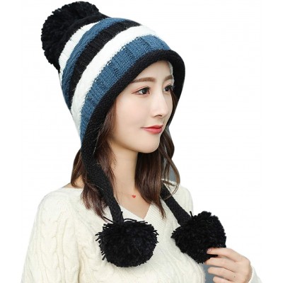 Skullies & Beanies Women Fleece Lined Winter Beanie Hat Ski Cap Ear Flaps Peruvian Dual Layered Pompoms - B13-m9520-heise - C...