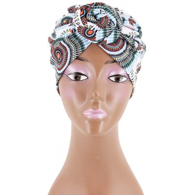 Skullies & Beanies Women Pleated Twist Turban African Printing India Chemo Cap Hairwrap Headwear - Lake Blue - CR18A4OT7NI $7.62