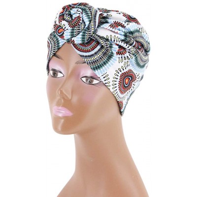 Skullies & Beanies Women Pleated Twist Turban African Printing India Chemo Cap Hairwrap Headwear - Lake Blue - CR18A4OT7NI $7.62