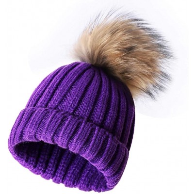 Skullies & Beanies Winter Knit Hat Real Fox/Raccoon Fur Pom Pom Womens Girls Knit Beanie Hat - Khaki - CV18HTWGQ65 $29.71