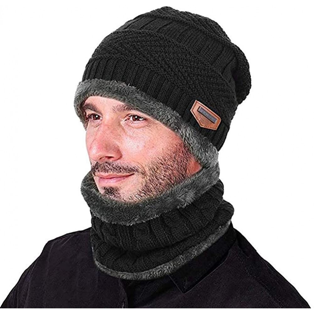 Skullies & Beanies Knitted Hat and Scarf Set- Winter Fleece Lining Wool Beanie Hat Neck Warmers for Men Women - Black - C218K...