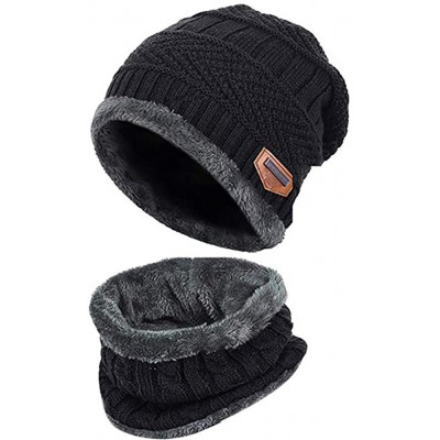 Skullies & Beanies Knitted Hat and Scarf Set- Winter Fleece Lining Wool Beanie Hat Neck Warmers for Men Women - Black - C218K...