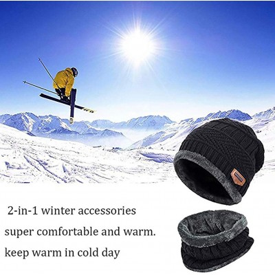 Skullies & Beanies Knitted Hat and Scarf Set- Winter Fleece Lining Wool Beanie Hat Neck Warmers for Men Women - Black - C218K...