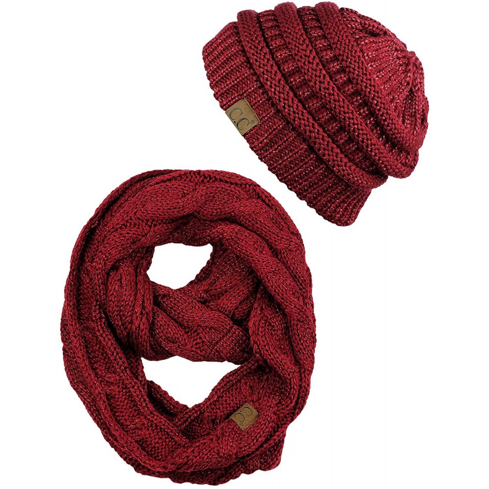 Skullies & Beanies Unisex Soft Stretch Chunky Cable Knit Beanie and Infinity Loop Scarf Set - Burgundy Metallic - CW18KIIEL5E...