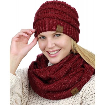 Skullies & Beanies Unisex Soft Stretch Chunky Cable Knit Beanie and Infinity Loop Scarf Set - Burgundy Metallic - CW18KIIEL5E...