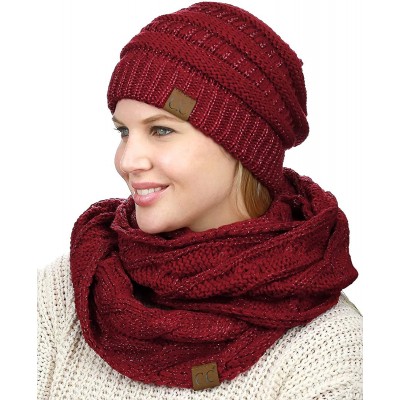 Skullies & Beanies Unisex Soft Stretch Chunky Cable Knit Beanie and Infinity Loop Scarf Set - Burgundy Metallic - CW18KIIEL5E...