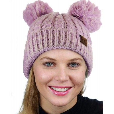 Skullies & Beanies 2 Ear Pom Pom Cable Knit Soft Stretch Cuff Skully Beanie Hat - 2 Tone Lilac - CL18AUOLEID $14.82